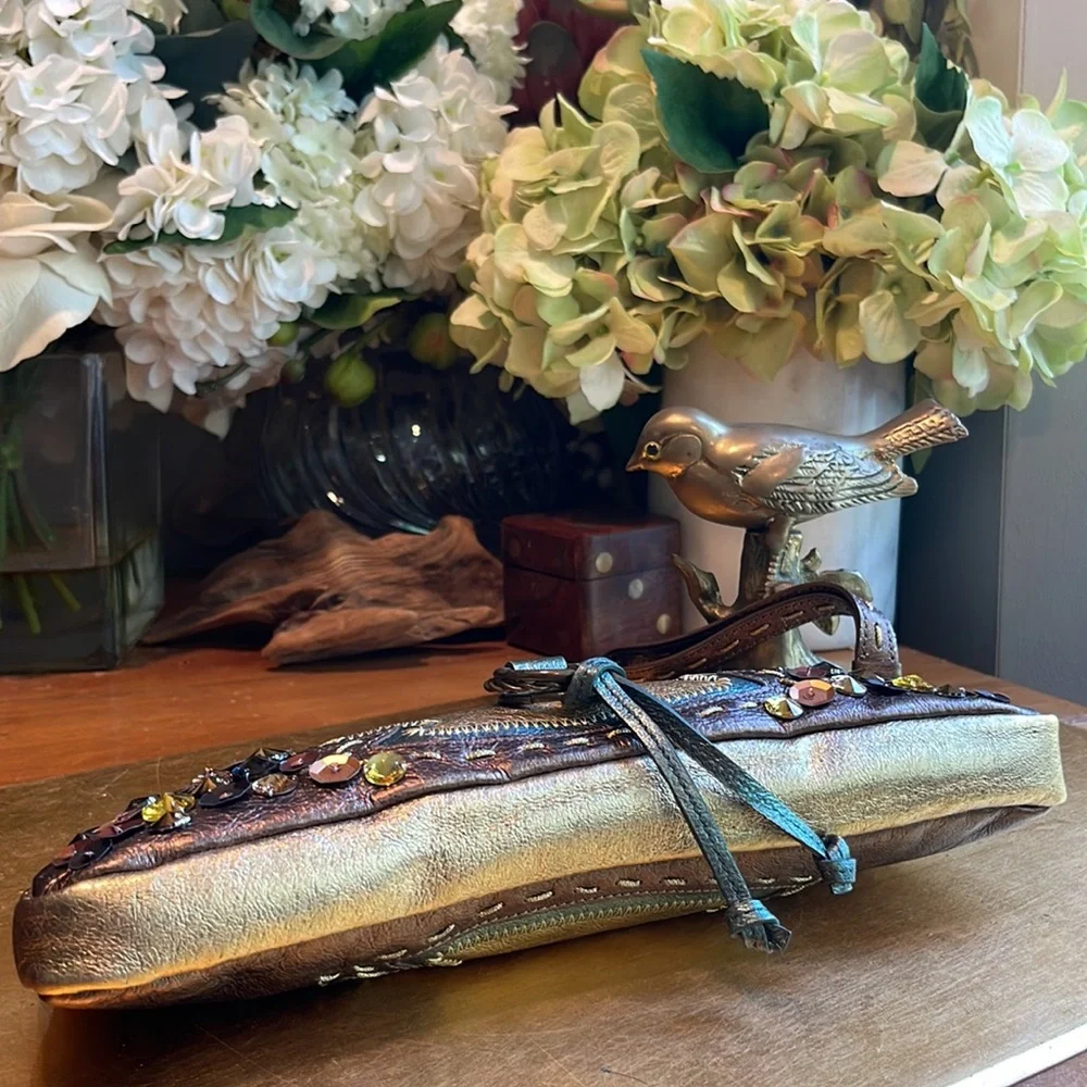 Tocca Leather Jeweled and Embroidered Wristlet Clutch